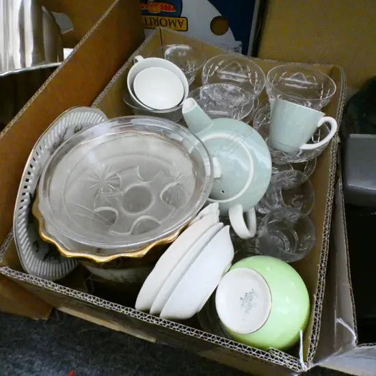 BOX LOT ASST. CRYSTAL, POOLE TEA SET ETC