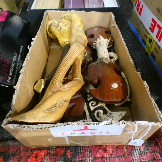 SIX CARVED TRIBAL ITEMS BONE AND ANTLER CLUB 