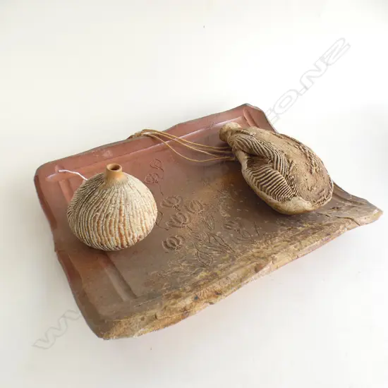 3 NZ STUDIO POTTERY PCES. DORIS DUTCH VASE. ESTELLE MARTIN ? SLAB DECORATED PANEL + OTHER VASE