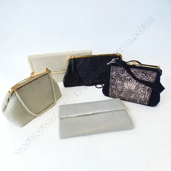 4 OROTON GLOMESH EVENING BAGS + VINTAGE METAL THREAD EMBROIDERED BLACK VELVET BAG
