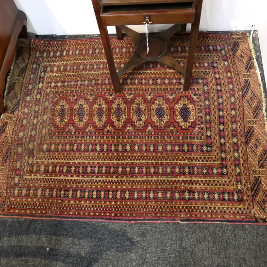 HAND KNOTTED SMALL TURKOMAN RUG w 7 GULS AND MULTIPLE BORDERS.1140 x 870mm