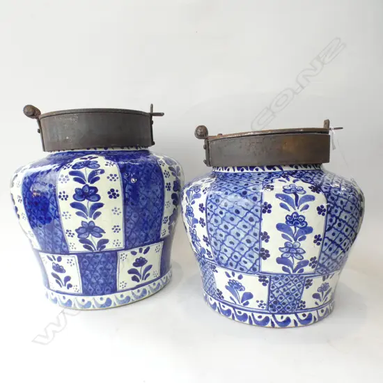 LARGE DUTCH FAIENCE LIDDED B/W CONTAINERS H.270mm