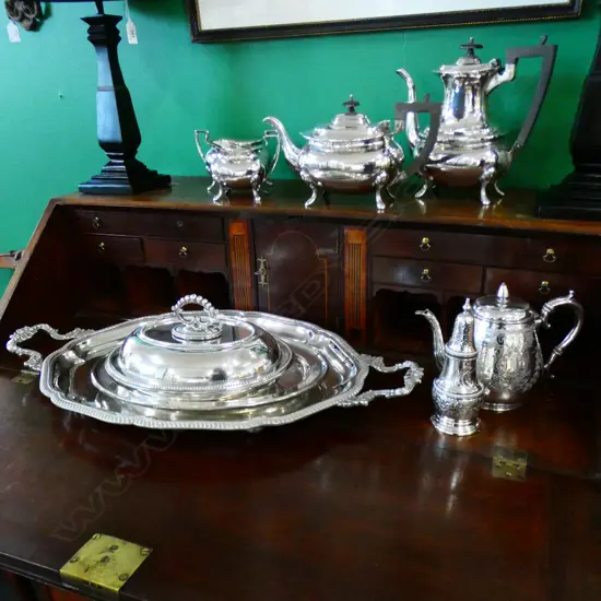 9 PCE SILVER PLATE; 4 PCE TEA SET, LARGE TRAY, LIDDED VEGETABLE DISH, OVAL PLATE, SUGAR SHIFTER & TEAPOT