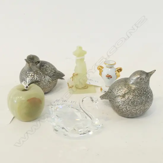 6 ITEMS; CRYSTAL SWAN, 2 METAL BIRDS, ONYX APPLE, FIGURE & VASE