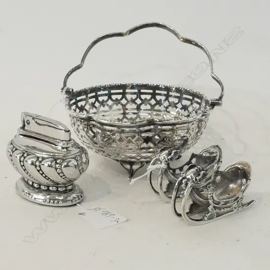 4 S/PLATE ITEMS; RONSON LIGHTER, BASKET & 2 SPOON RESTS