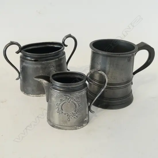 EARLY PEWTER TANKARD & S/PLATE SUGAR BOWL & MILK JUG