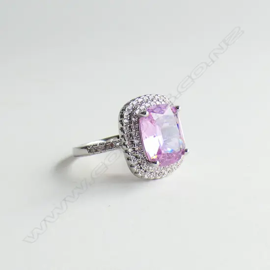 SILVER RING SET WITH FAUX KUNZITE AND FAUX DIAMONDS