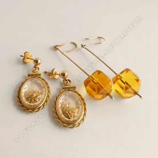 2 PR DROP EARRINGS; 1 GLASS CASED GOLD FLECKS + AMBER GLASS BEADS 