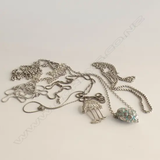 2 STG SILVER CHAINS + ASST SILVER TONE CHAINS & BRACELET + BROOCH