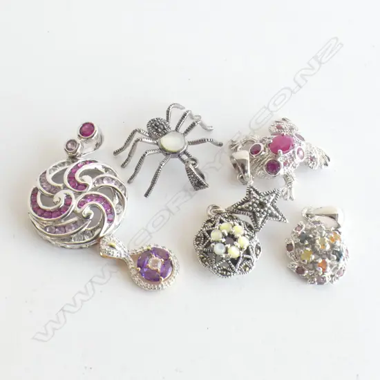 6 ASST PENDANTS INCL 925 SILVER SPIDER , GARNETS & AMETHYST STONES, FROG ETC..