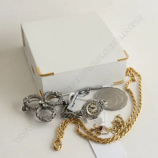 MARCASITE WATCH. BROOCH. 2 NECKLACES + COIN