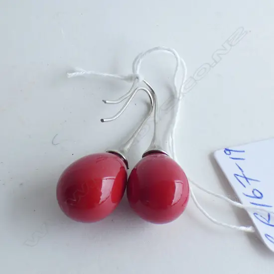 PR DARK RED CORAL EARRINGS LGE OVOID LONG HOOPS