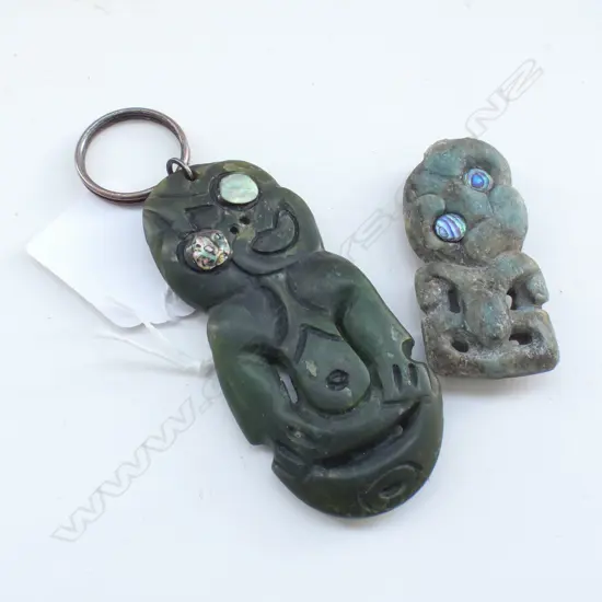 2 20thC HEI TIKI, (ONE KAWAKAWA  POUNAMU, THE OTHER PALE BLUE SERPENTINE) H.80mm & 52mm