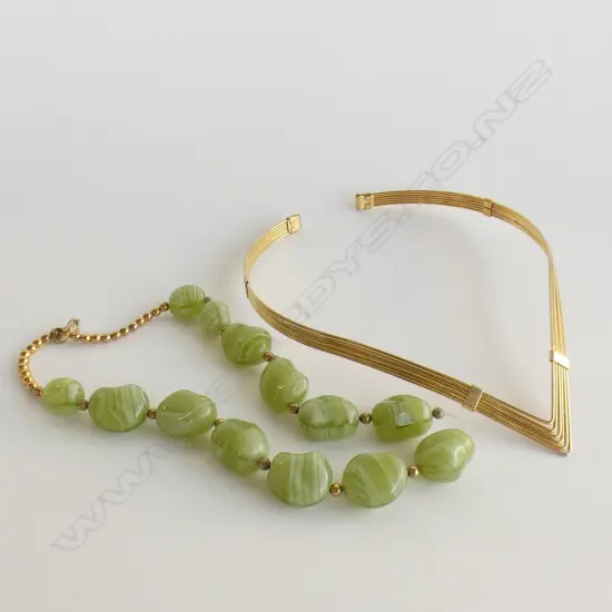 JADEITE (?) BEAD NECKLACE + GOLD TONE CHOKER CUFF