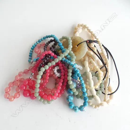 10 ASST. NECKLACES; 3 BONE, STONE BEADS, ORIENTAL DISK ETC