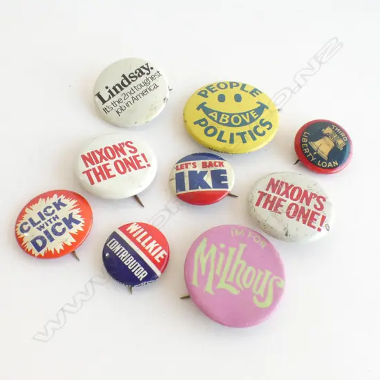 BAG 8 VINTAGE MOSTLY POLITICAL PINS ETC. INC. 'NIXON'S THE ONE' 'CLICK WITH DICK'
