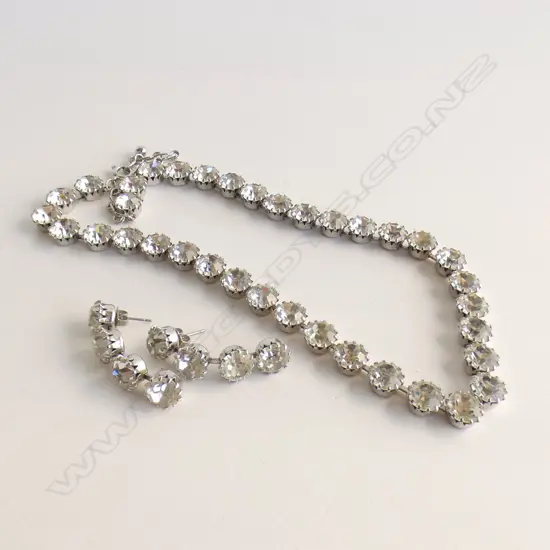 3 PC DIAMANTE SET; SINGLE STRAND NECKLACE & 4 STONE DROP EARRINGS 