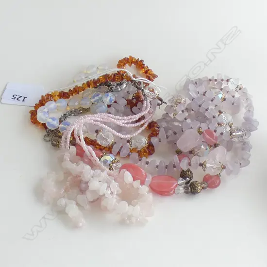 5 NECKLACES; PINK QUARTZ, AMBER ETC