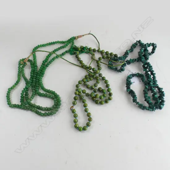 3 GREEN NECKLACES; MALACHITE & ASST. BEADS