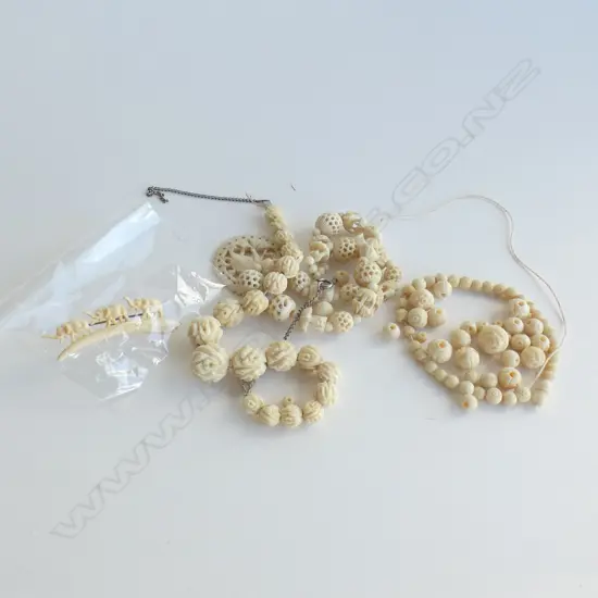 CARVED IVORY NECKLACE + 2 A/F NECKLACES / LOOSE BEADS + BRIDGE OF ELEPHANTS