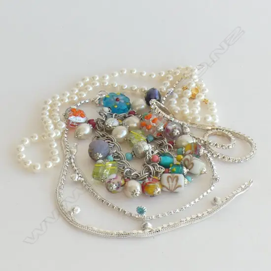 GLASS BEAD CHARM BRACELET, FAUX PEARL NECKLACE & 3 ASST ANKLE BRACELETS