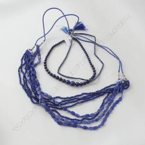 4 BLUE NECKLACES; LAPIS ETC
