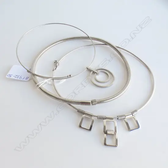 3  SILVER TONE CHOKERS, 2 WITH GEOMETRIC PENDANTS & 1 SNAKE CHAIN