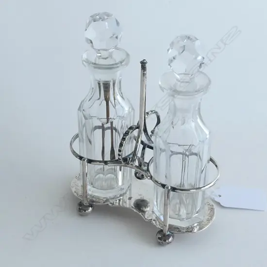 STG SILVER & CUT GLASS 2 BOTTLE VINAIGRETTE TANTALUS HANDLE FAULTED