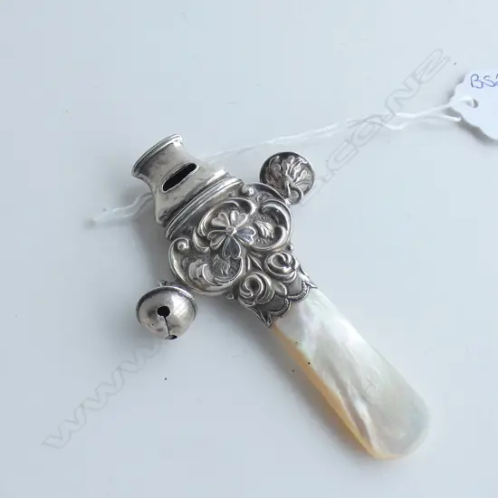 SILVER BABY RATTLE 2 BELLS AND M.O.P.