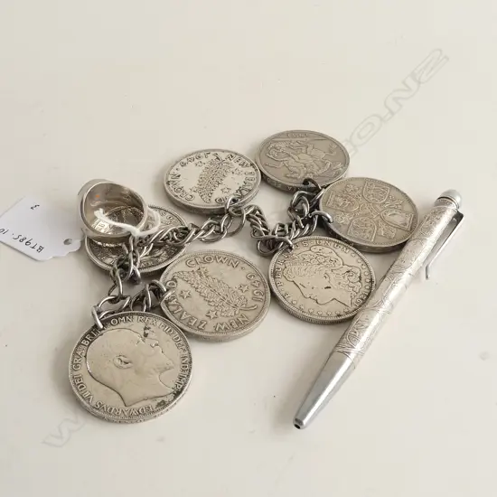 STG SILVER MAN'S RING, STG SILVER PEN (NOT WORKING) AND BRACELET MADE OF OLD COINS.