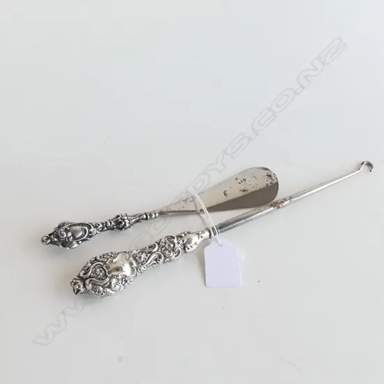 2 FANCY SILVER HANDLED VANITY ITEMS. BUTTON HOOK & SHOE HORN