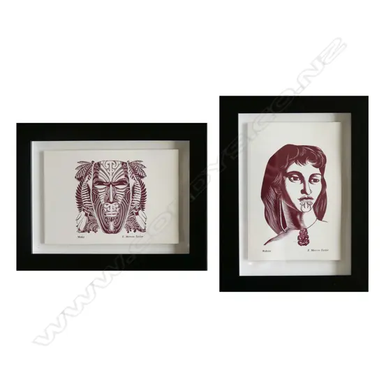PR FRAMED E. MERVYN TAYLOR GREETING CARDS 'MOKO' & 'WAHINE' - EACH 100 X 145MM