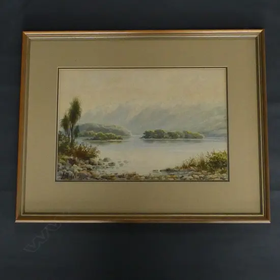 A (OR H) MALCOLM, MOUNTAIN & LAKE SCENE w PALM TREES, W/COLOUR, SIGNED, 260 x 380mm