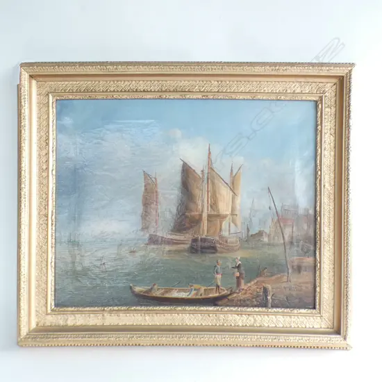 19thC OIL HARBOUR SCENE GILT FRAME...