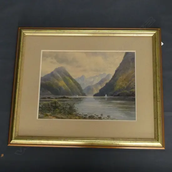 J MALCOLM, MOUNTAIN & LAKE SCENE w BOATS, 19thC WATERCOLOUR, SIGNED, 330 x 450mm