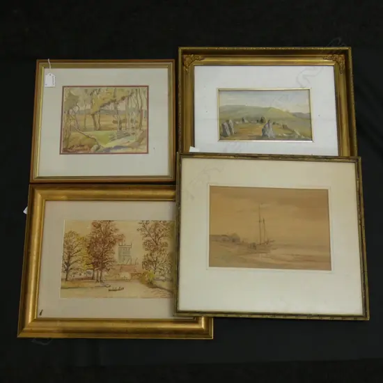 4 ARTWORKS; CONNIE LLOYD W/C 170x200mm, RIX CARLTON SHIP W/C, W/C CAMBRIDGE UK, FRANCES BERE DRUIDS CIRCLE W/C