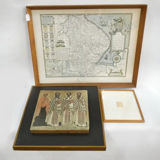 3 ARTWORKS; RUSSIAN RELIGIOUS PRINT 310x280mm, 1610 MAP OF LINCOLNSHIRE (PRINT) + SIGNED ETCHING 3/55
