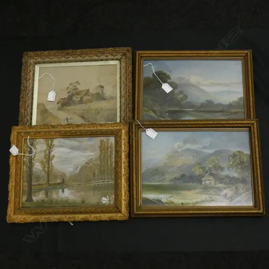 4 ARTIST UNKNOWN NAIVE LANDSCAPES (2 OIL / 2 W/C) 230x330mm