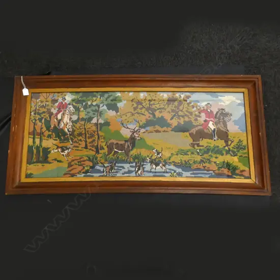 FRAMED NEEDLEPOINT ARTWORK; HUNTING SCENE 415x1010mm