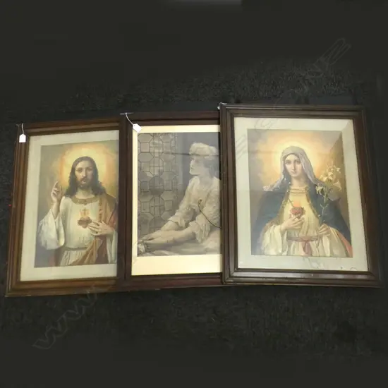 3 VINTAGE ARTWORKS; MARY 500x370mm, JESUS + PRAYING LADY
