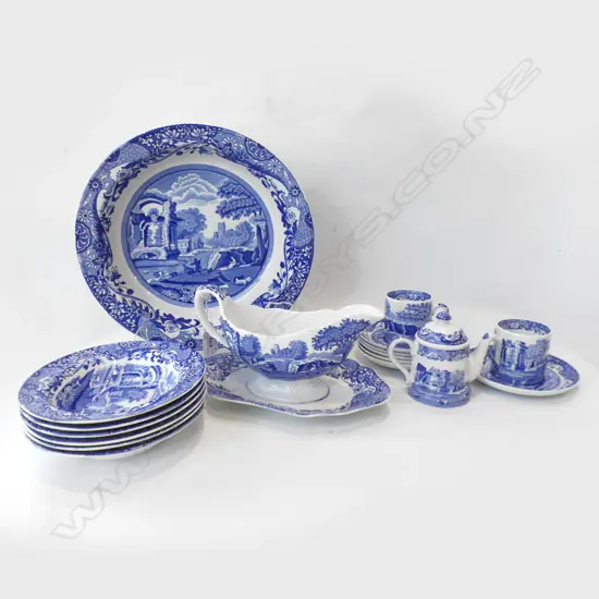 18 PCS SPODE BLUE & WHITE 'ITALIAN'; 6 CEREAL BOWLS 2 COFFEE CANS + 6 SAUCERS, SAUCE BOAT +SAUCER, SALT TEAPOT,, LG BOWL