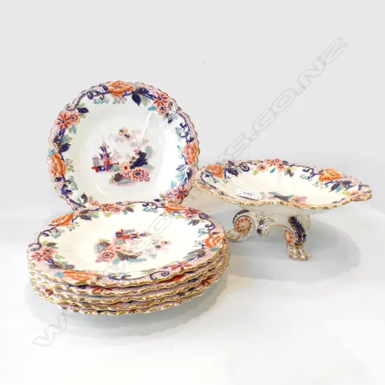 19thC COMPORT & 6 PLATES, RADFORDIAN BRAND IN 'ORCHIS' PATTERN