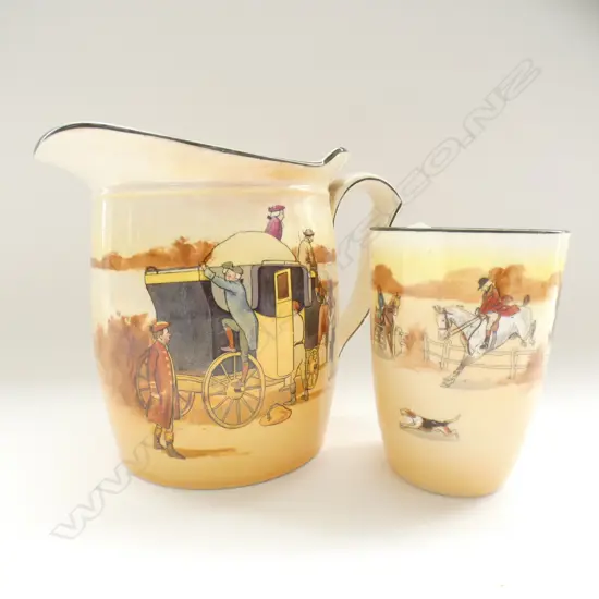 2 DOULTON COACHING DAYS PCES: YELLOW DOOR JUG & MUG (hairline crack) .