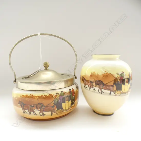 (17837) 2 DOULTON COACHING DAYS (YELLOW DOOR) PCES: SUGAR BOWL & SMALL VASE.