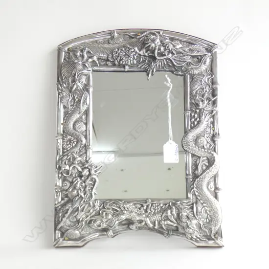 OLD LGE CHINESE WHITE METAL FRAMED MIRROR DRAGONS IN HIGH RELIEF H.3650mm