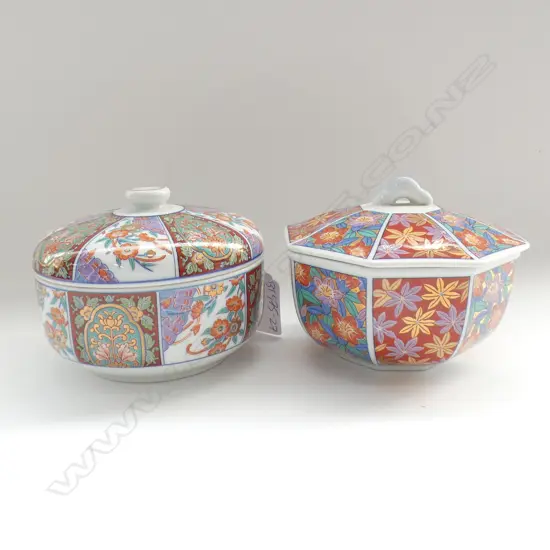 2 MODERN IMARI LIDDED CONTAINERS (ONE OCTAGONAL)  H.110mm