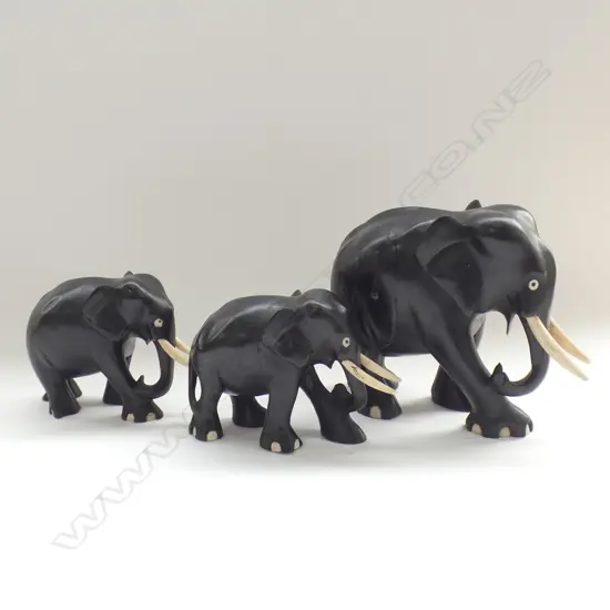 3 EBONY INDIAN ELEPHANTS BONE TUSKS