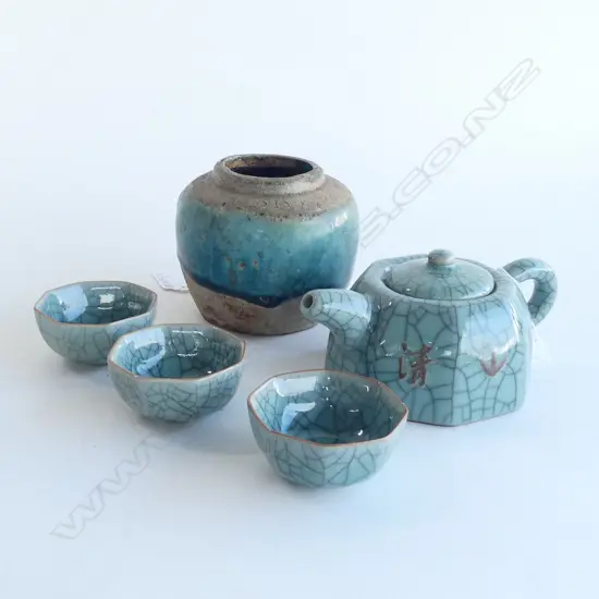 SML CELADON CRACKLE GLAZE TEAPOT + 3 CUPS + GINGER JAR