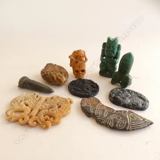 9 ASST. CARVED STONE & WOOD TRIBAL TOKENS