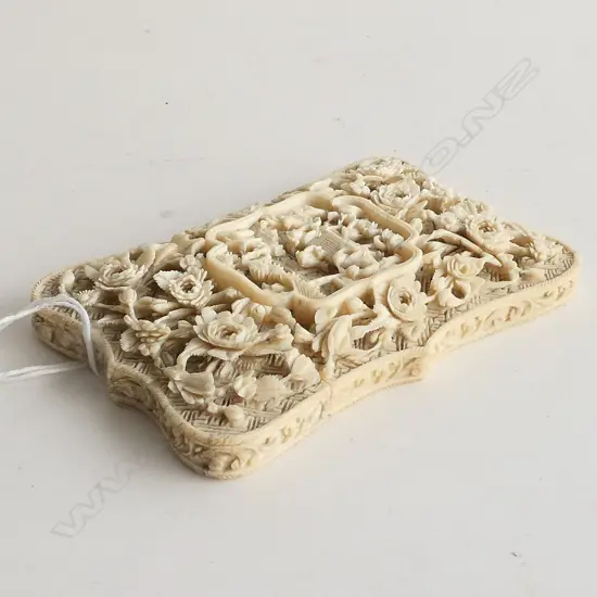 ANTIQUE IVORY CARD CASE FINELY CARVED REPAIRED BACK TOP PANEL